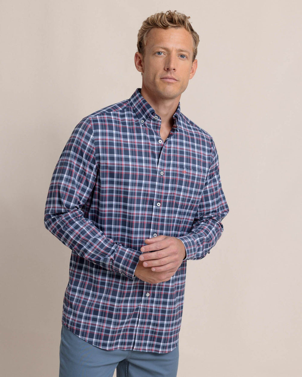 The front view of the Southern Tide Bellinger Intercoastal Plaid Long Sleeve Sport Shirt by Southern Tide - Dress Blue