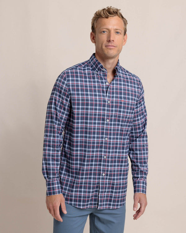 The front view of the Southern Tide Bellinger Intercoastal Plaid Long Sleeve Sport Shirt by Southern Tide - Dress Blue