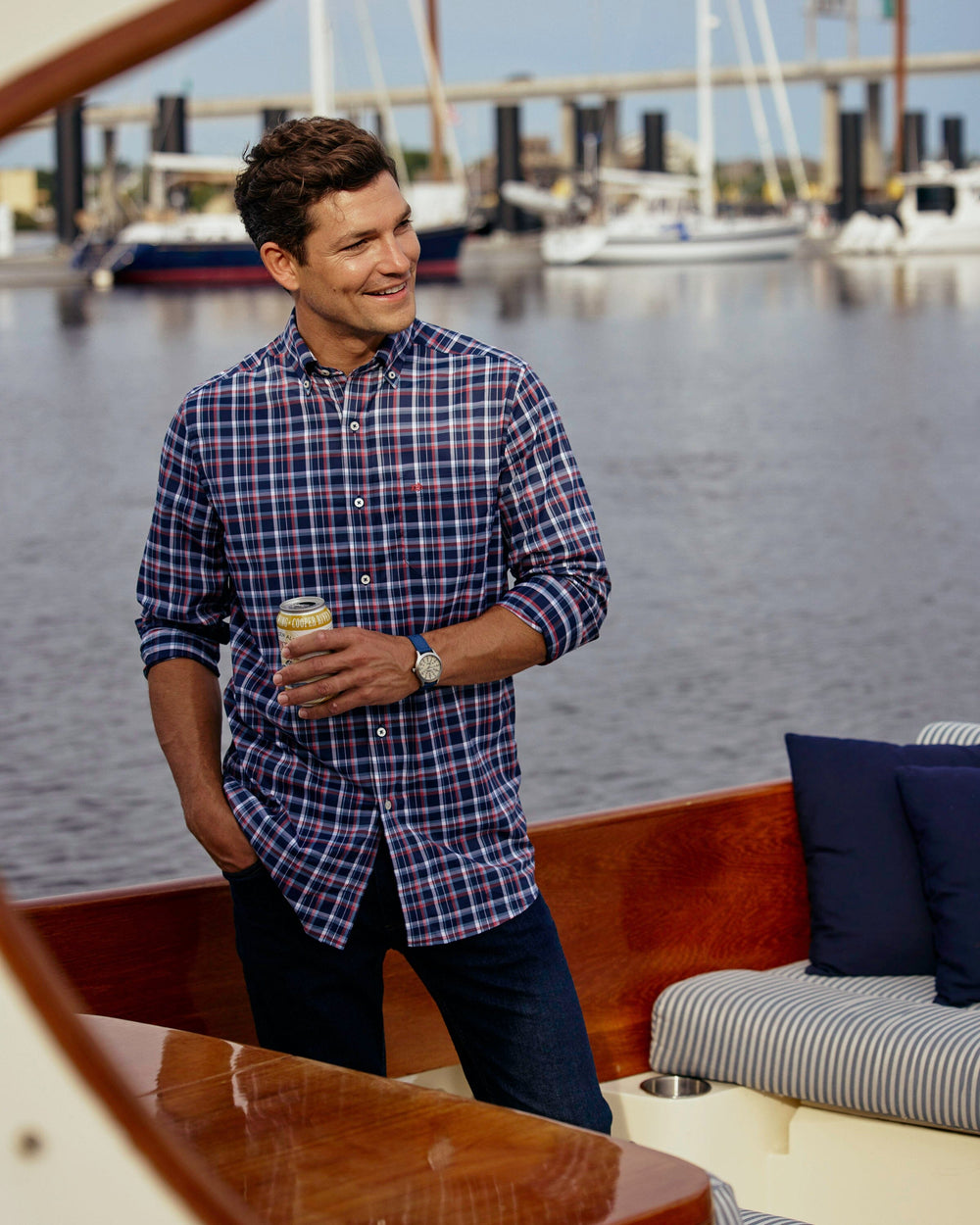 The lifestyle view of the Southern Tide Bellinger Intercoastal Plaid Long Sleeve Sport Shirt by Southern Tide - Dress Blue