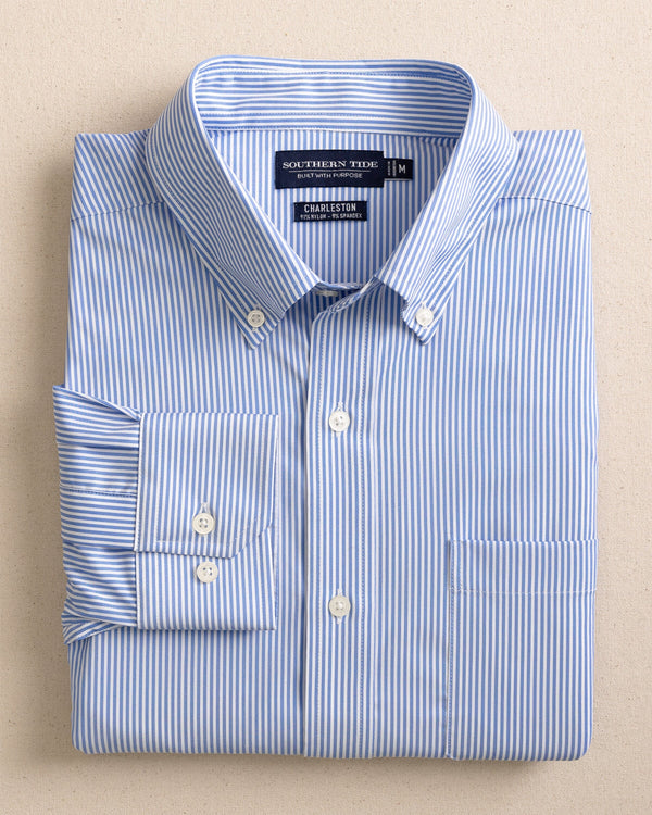 The front view of the Southern Tide Bengal Stripe brrr°® Intercoastal Sport Shirt by Southern Tide - Cobalt Blue
