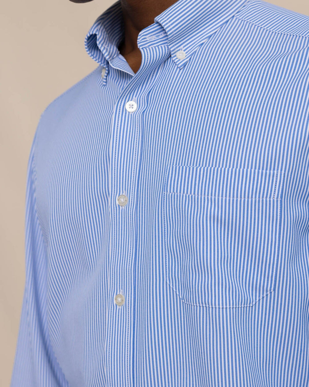 The detail view of the Southern Tide Bengal Stripe brrr°® Intercoastal Sport Shirt by Southern Tide - Cobalt Blue