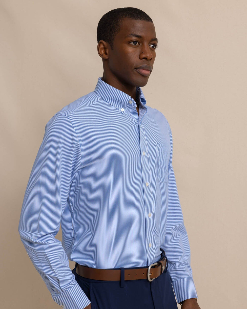 The front view of the Southern Tide Bengal Stripe brrr°® Intercoastal Sport Shirt by Southern Tide - Cobalt Blue