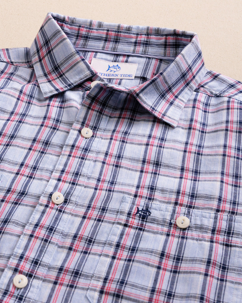 The detail view of the Southern Tide Benton Plaid Heather Double Cloth Long Sleeve Sport Shirt by Southern Tide - Heather Cerulean 