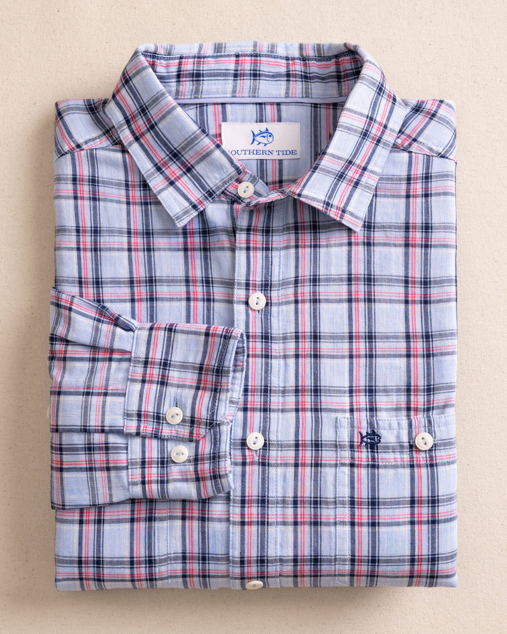 The front view of the Southern Tide Benton Plaid Heather Double Cloth Long Sleeve Sport Shirt by Southern Tide - Heather Cerulean 