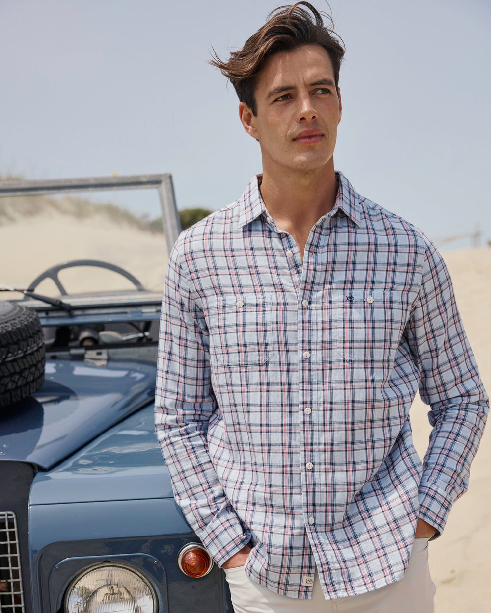 The lifestyle view of the Southern Tide Benton Plaid Heather Double Cloth Long Sleeve Sport Shirt by Southern Tide - Heather Cerulean 