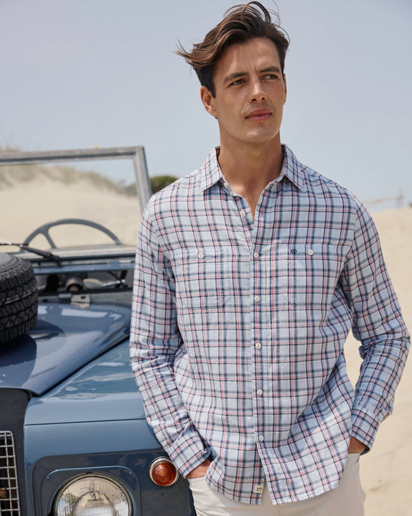 The lifestyle view of the Southern Tide Benton Plaid Heather Double Cloth Long Sleeve Sport Shirt by Southern Tide - Heather Cerulean 