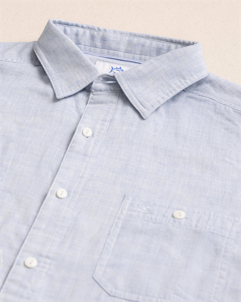 The detail view of the Southern Tide Berkeley Solid Double Cloth Sport Shirt by Southern Tide - Heather Cerulean
