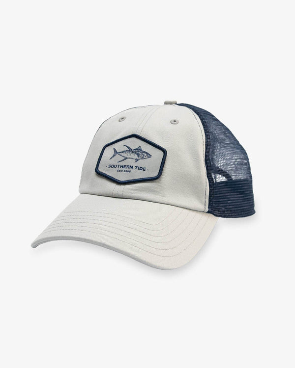 The front view of the Southern Tide Big Tuna Trucker Hat by Southern Tide - Light Grey
