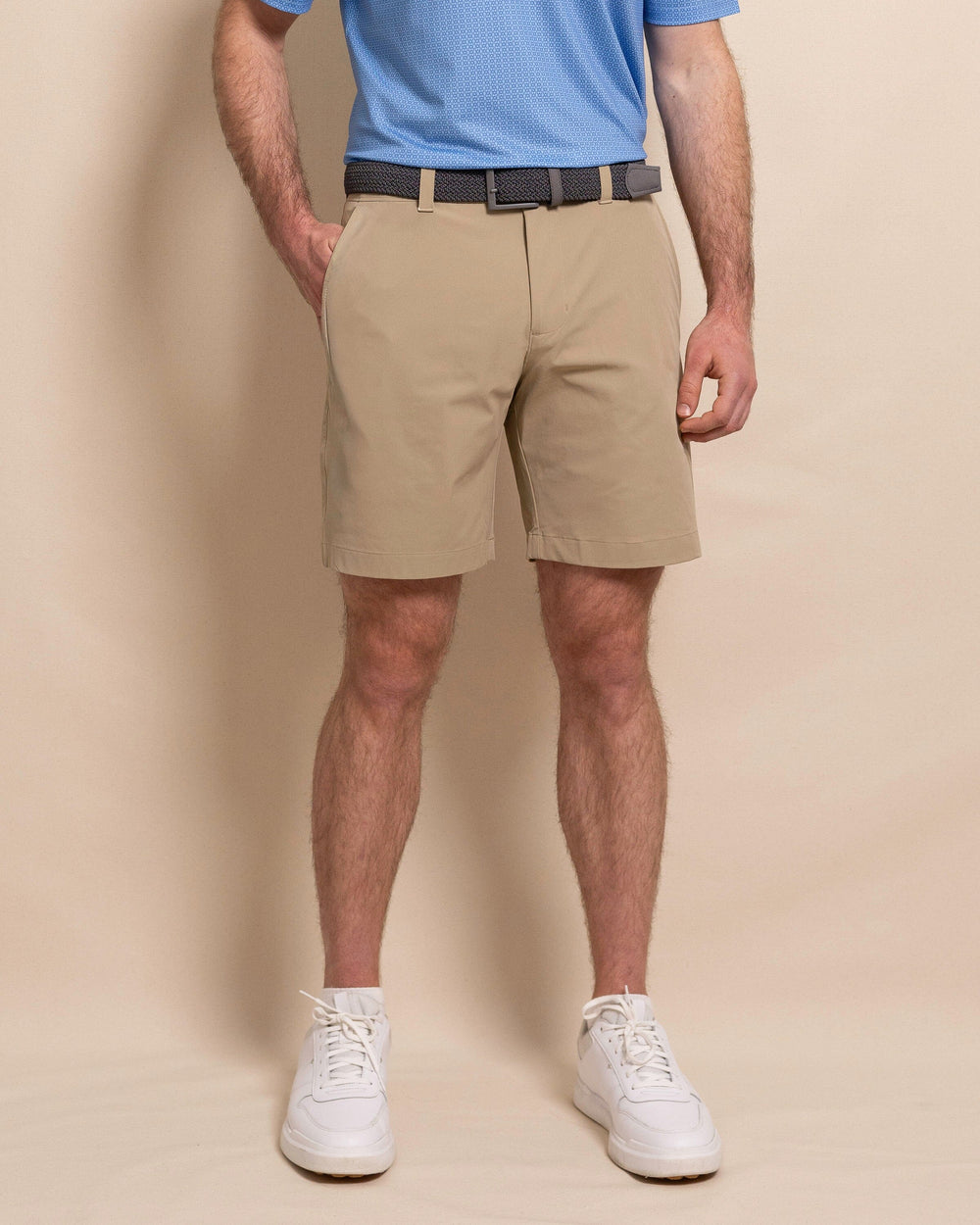 The front view of the Southern Tide Birdie 8" Coastal Breeze® Performance Short by Southern Tide - Sandstone Khaki