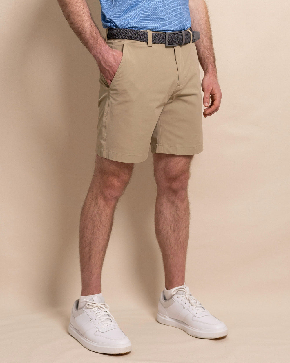The front view of the Southern Tide Birdie 8" Coastal Breeze® Performance Short by Southern Tide - Sandstone Khaki