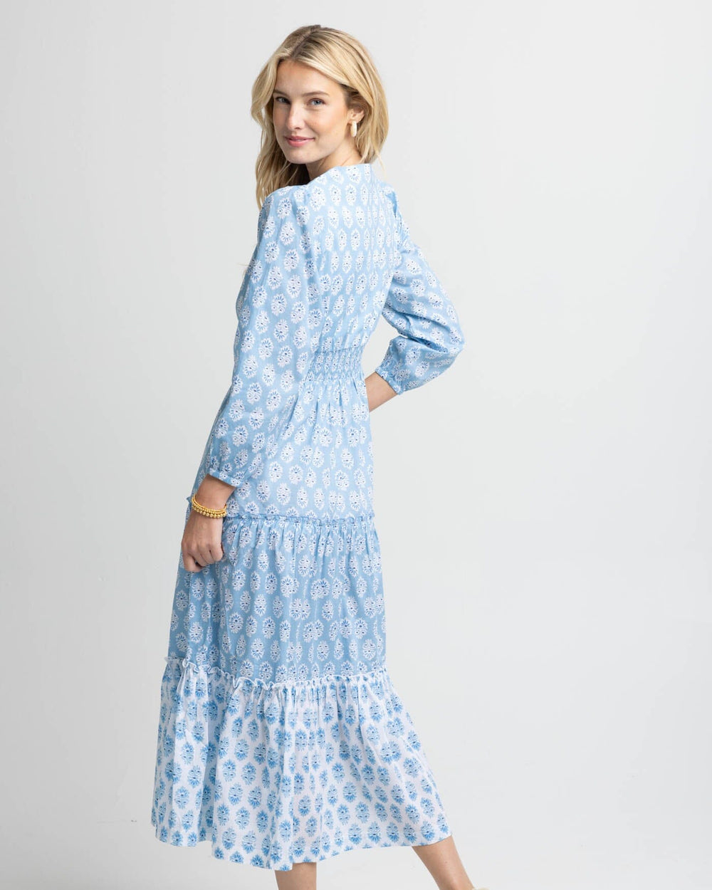 The back view of the Southern Tide Blaire Garden Variety Printed Maxi Dress by Southern Tide - Clearwater Blue