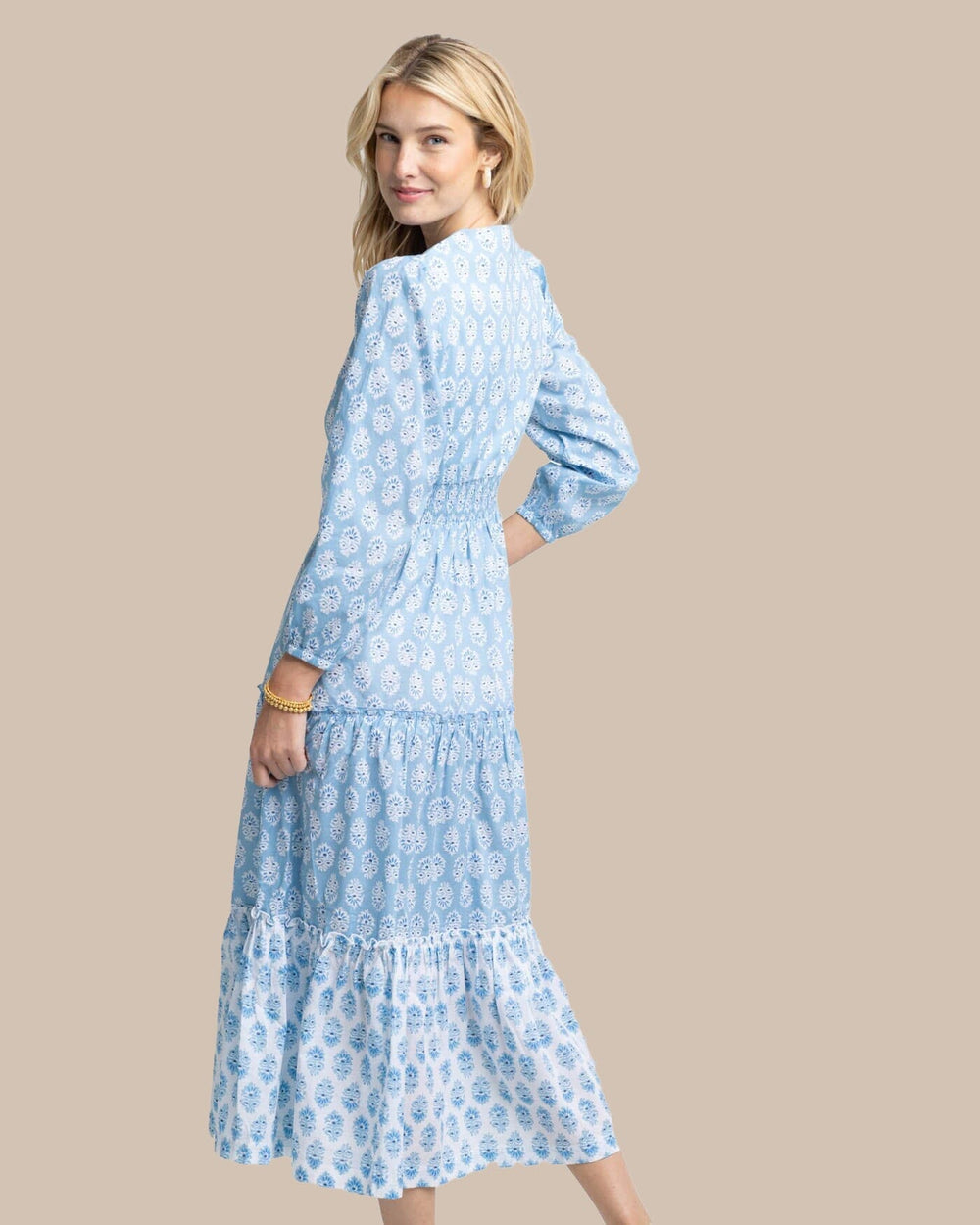 The back view of the Southern Tide Blaire Garden Variety Printed Maxi Dress by Southern Tide - Clearwater Blue