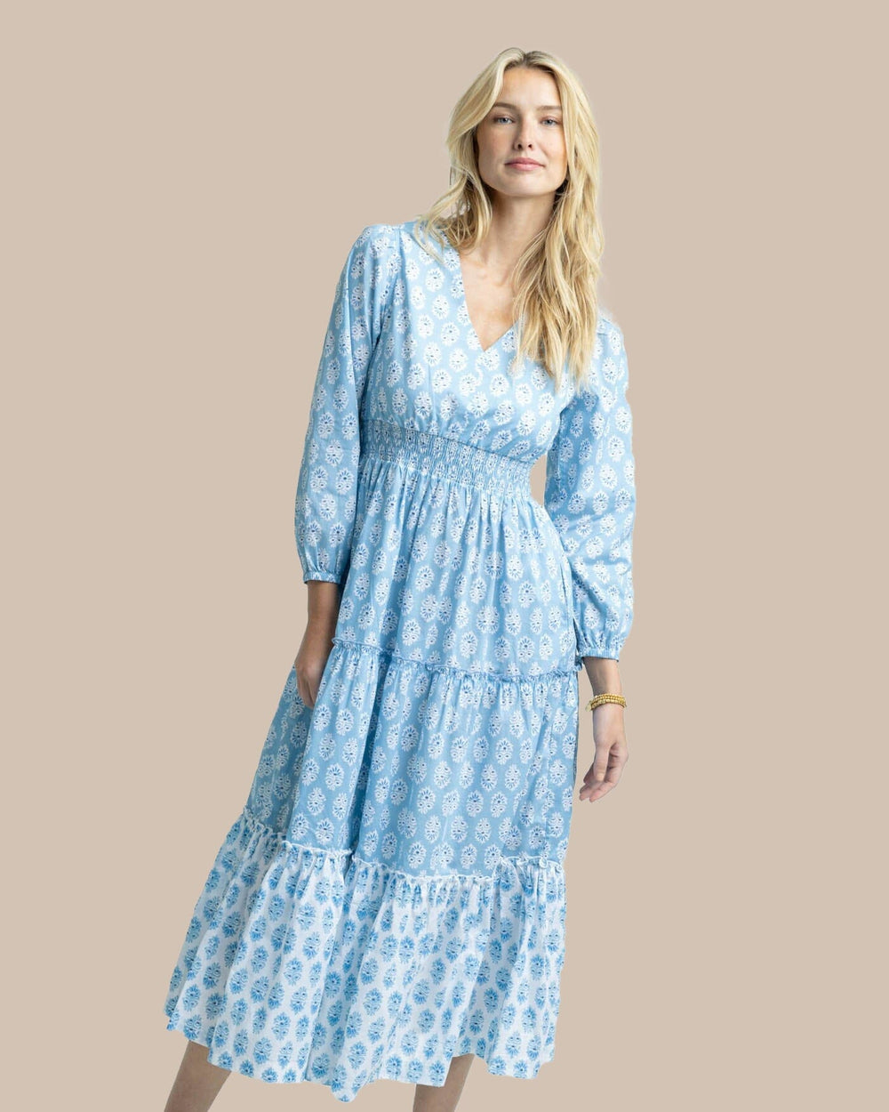 The front view of the Southern Tide Blaire Garden Variety Printed Maxi Dress by Southern Tide - Clearwater Blue