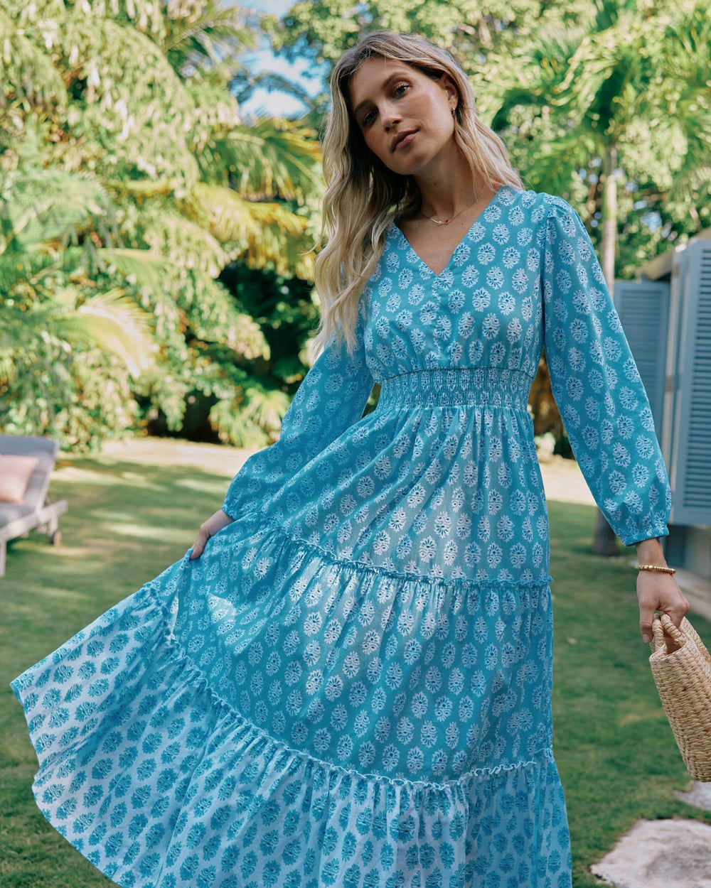 The front view of the Southern Tide Blaire Garden Variety Printed Maxi Dress by Southern Tide - Clearwater Blue