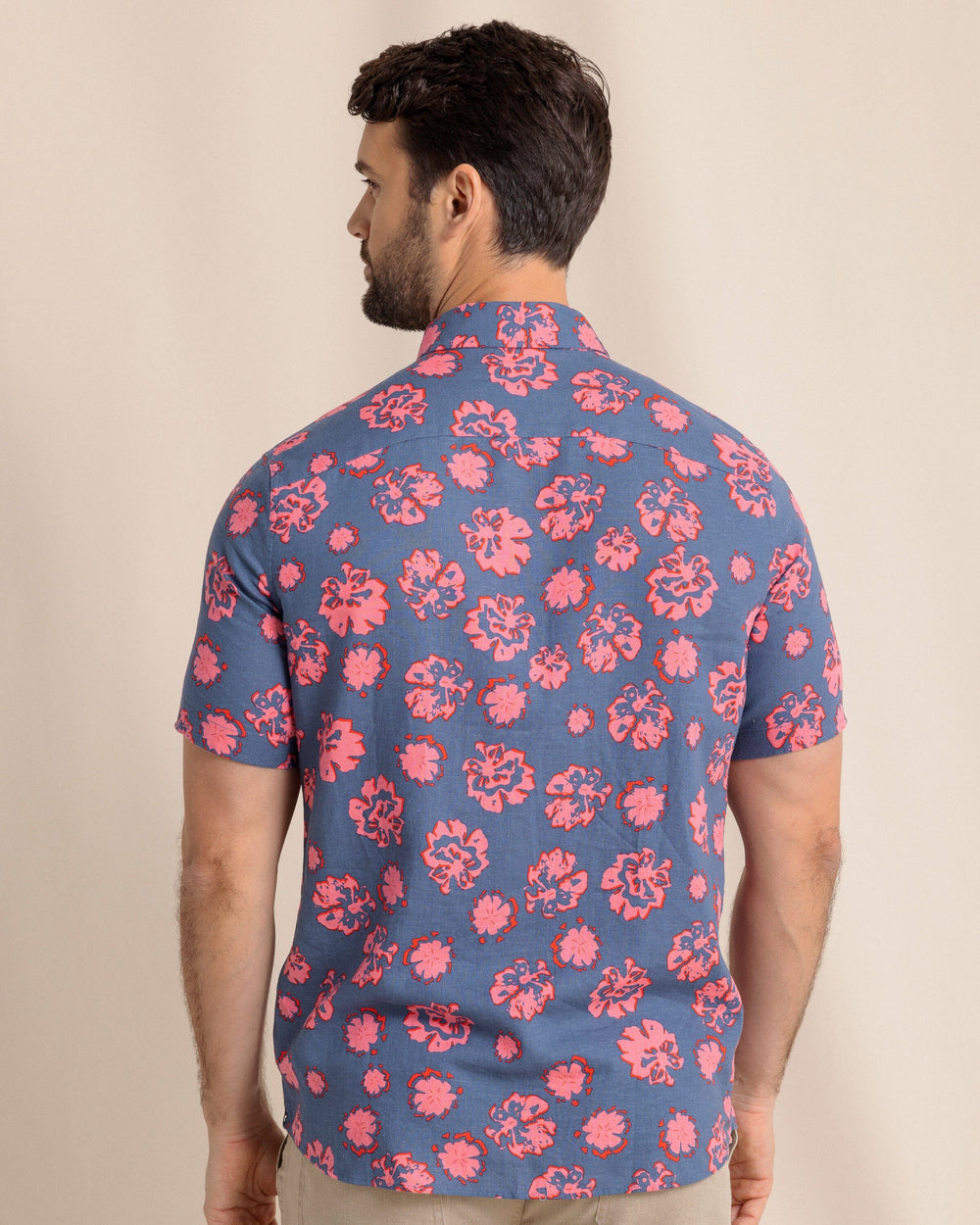 The back view of the Southern Tide Blossom Bliss Linen Rayon Short Sleeve Sport Shirt by Southern Tide - Light Indigo