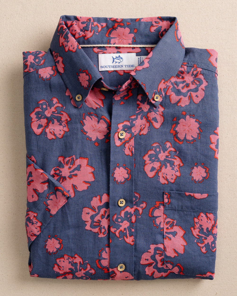 The front view of the Southern Tide Blossom Bliss Linen Rayon Short Sleeve Sport Shirt by Southern Tide - Light Indigo