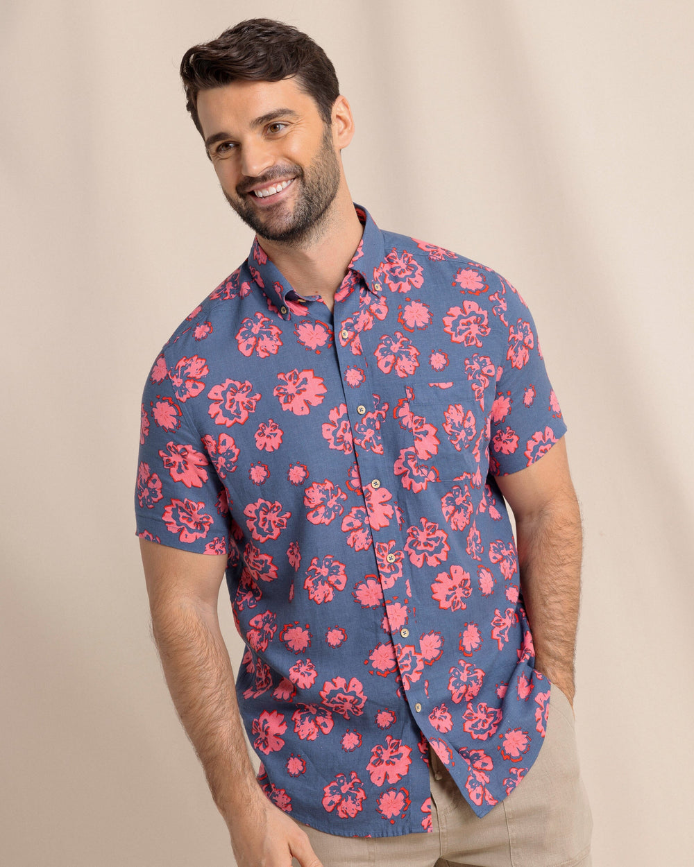 The front view of the Southern Tide Blossom Bliss Linen Rayon Short Sleeve Sport Shirt by Southern Tide - Light Indigo