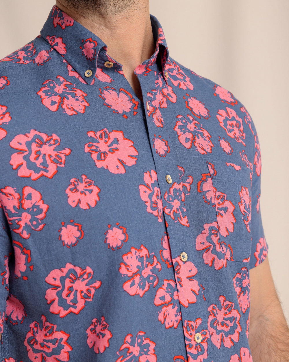 The front detail view of the Southern Tide Blossom Bliss Linen Rayon Short Sleeve Sport Shirt by Southern Tide - Light Indigo