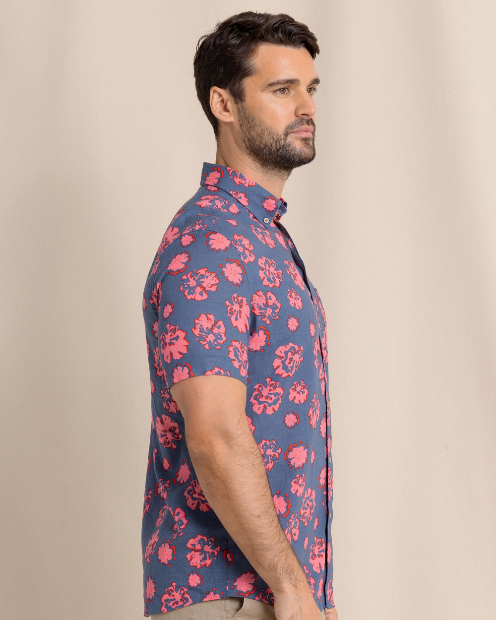 The side view of the Southern Tide Blossom Bliss Linen Rayon Short Sleeve Sport Shirt by Southern Tide - Light Indigo