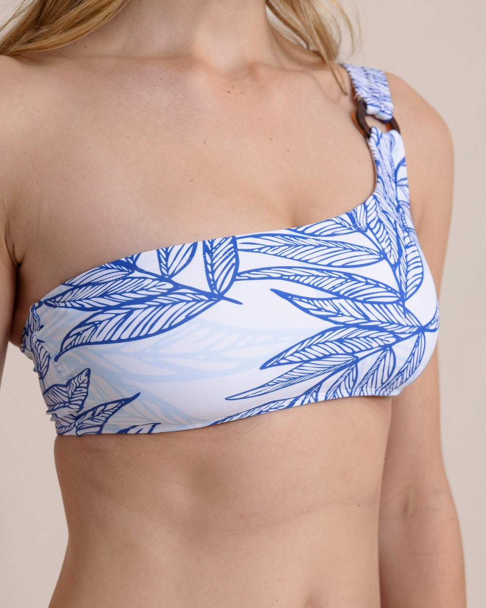 The front detail view of the Southern Tide Blue Palms One-Shoulder Bikini Top by Southern Tide - Blue Lolite