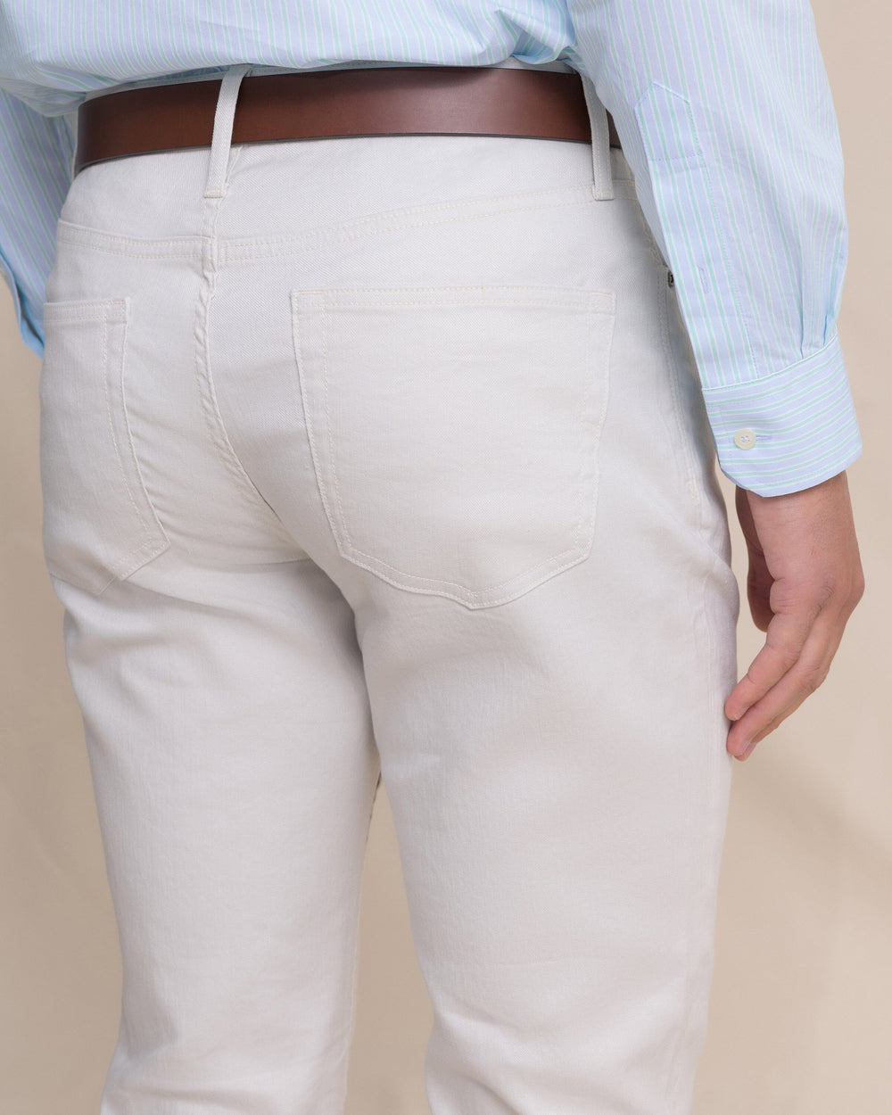 The detail view of the Southern Tide Bluewater Five Pocket Pant by Southern Tide - Stone