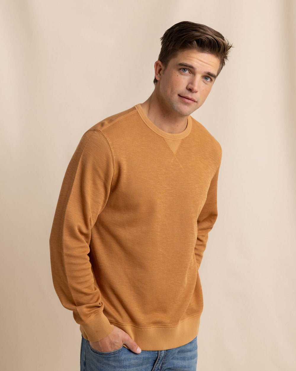 The front view of the Southern Tide Bluffton Crewneck by Southern Tide - Hazelnut Khaki