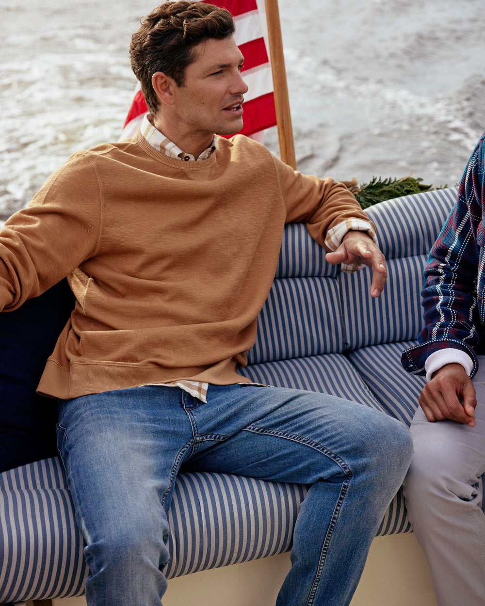 The lifestyle view of the Southern Tide Bluffton Crew Neck by Southern Tide - Hazelnut Khaki