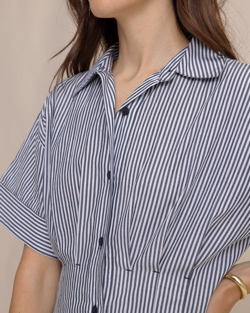 The detail view of the Southern Tide Bobbie Tucked Waist Shirtdress by Southern Tide - Dress Blue