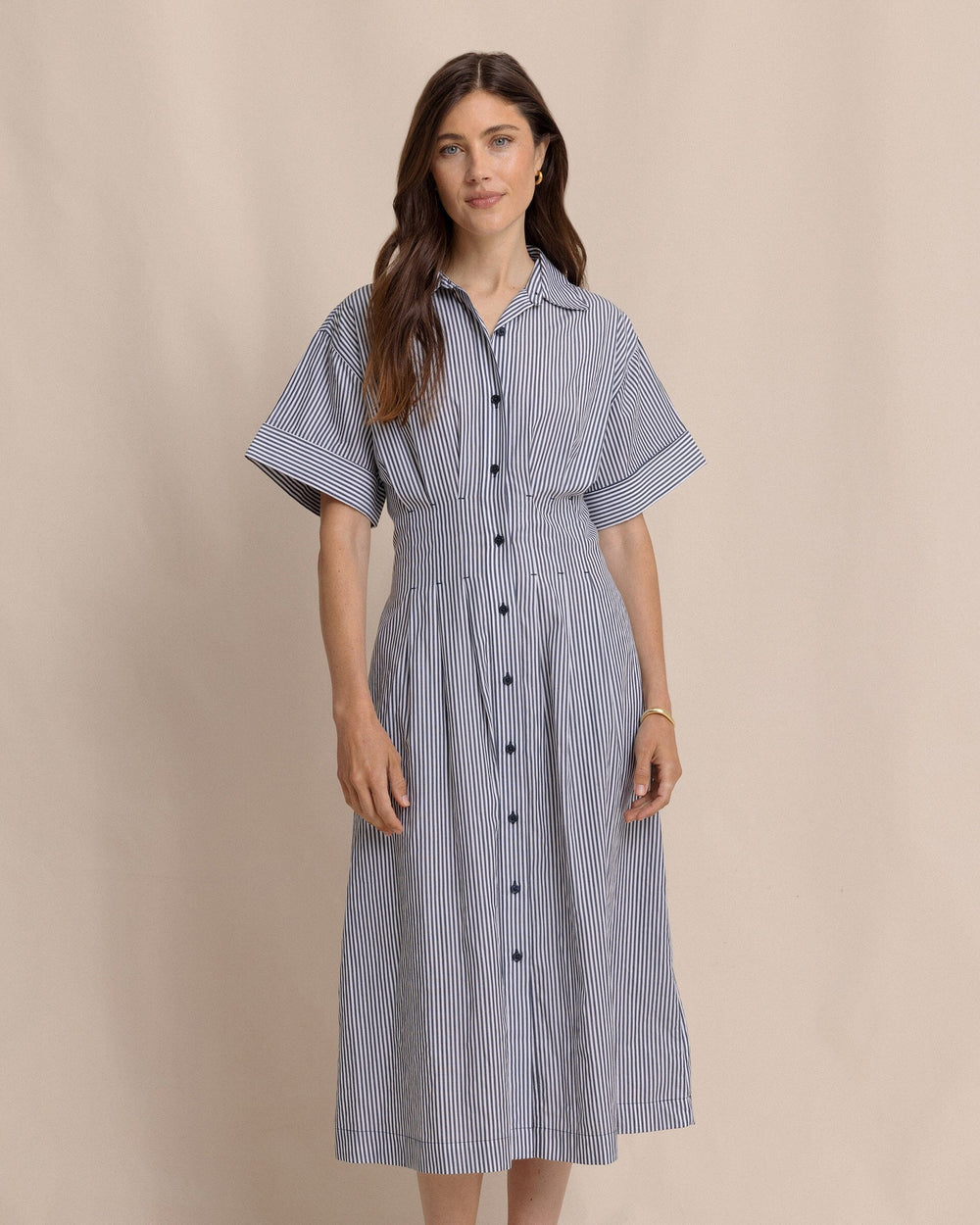 The front view of the Southern Tide Bobbie Tucked Waist Shirtdress by Southern Tide - Dress Blue