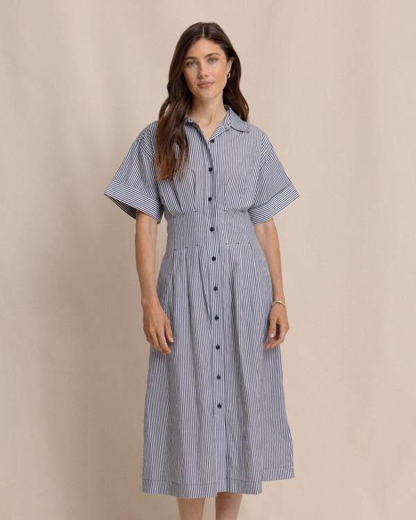 The front view of the Southern Tide Bobbie Tucked Waist Shirtdress by Southern Tide - Dress Blue