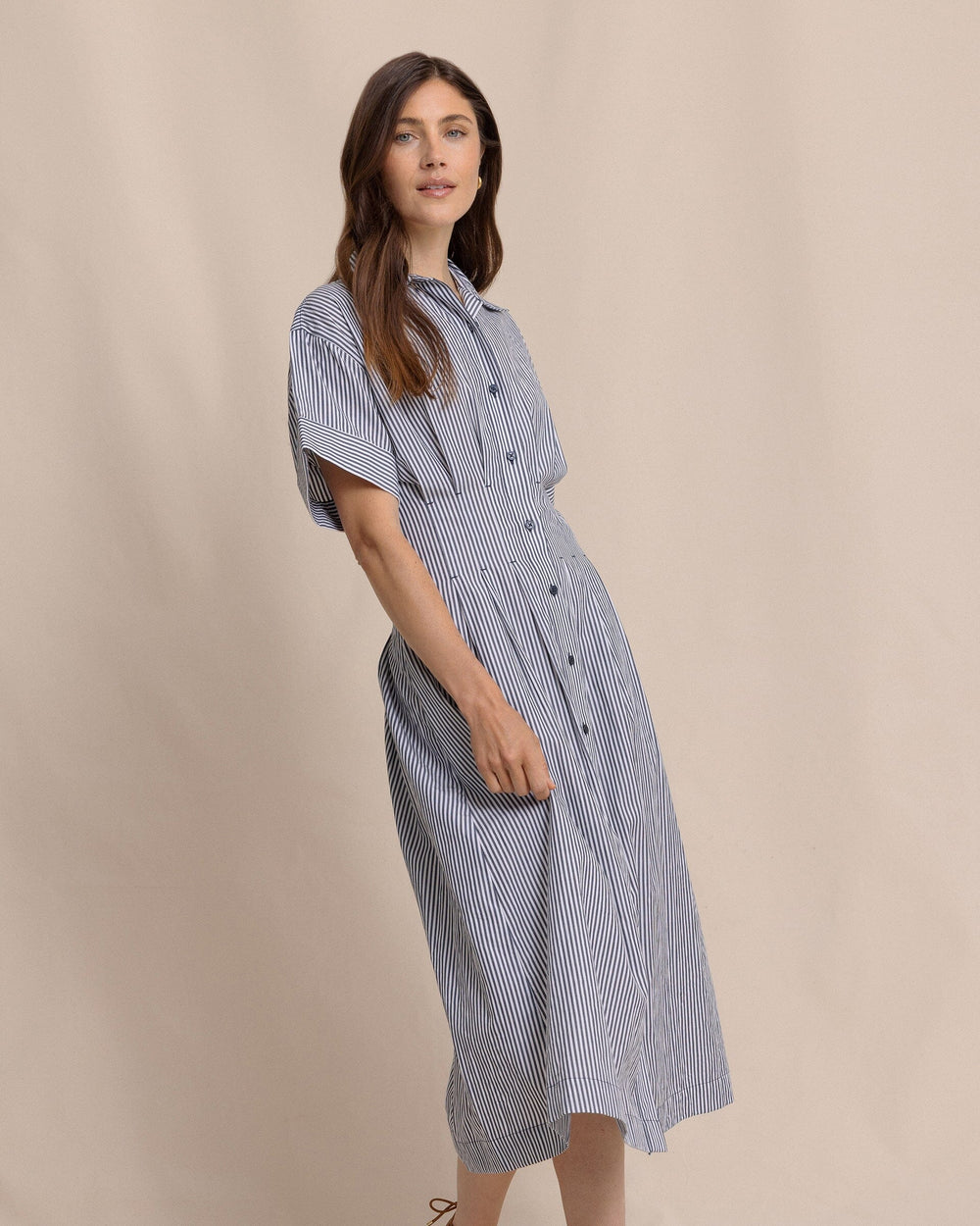 The side view of the Southern Tide Bobbie Tucked Waist Shirtdress by Southern Tide - Dress Blue