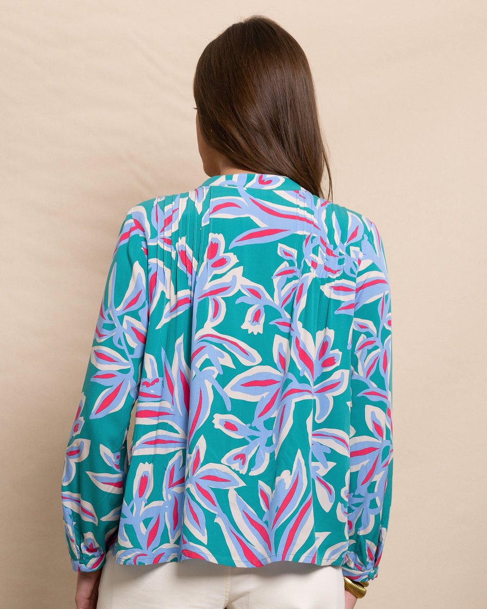 The back view of the Southern Tide Bonni Vintage Gardens Blouse by Southern Tide - Spruce Shade