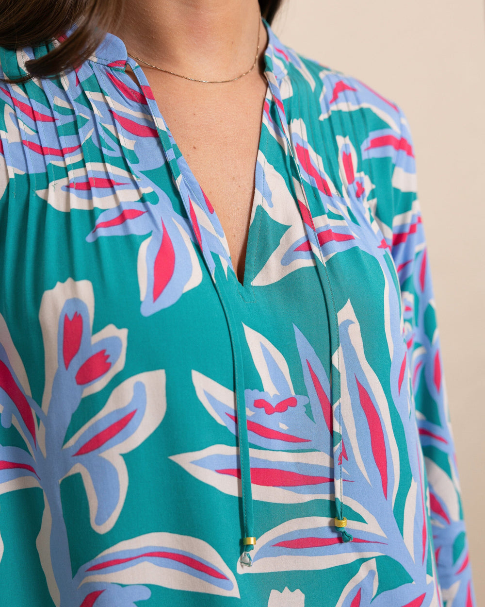 The detail view of the Southern Tide Bonni Vintage Gardens Blouse by Southern Tide - Spruce Shade