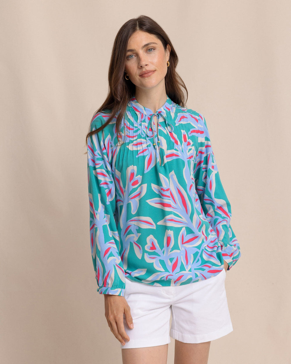 The front view of the Southern Tide Bonni Vintage Gardens Blouse by Southern Tide - Spruce Shade