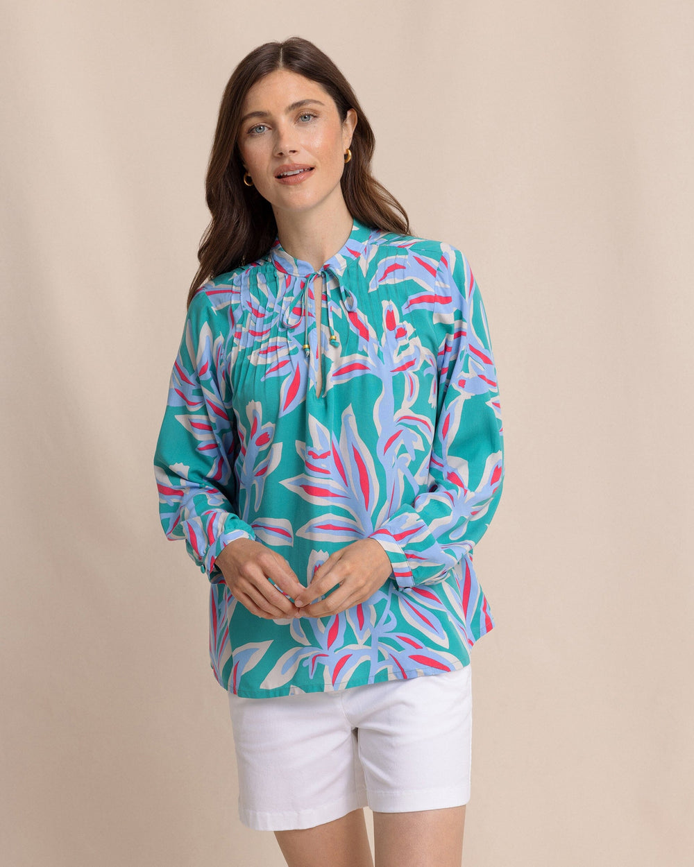 The front view of the Southern Tide Bonni Vintage Gardens Blouse by Southern Tide - Spruce Shade