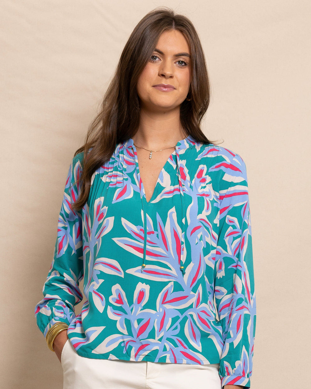 The front side view of the Southern Tide Bonni Vintage Gardens Blouse by Southern Tide - Spruce Shade
