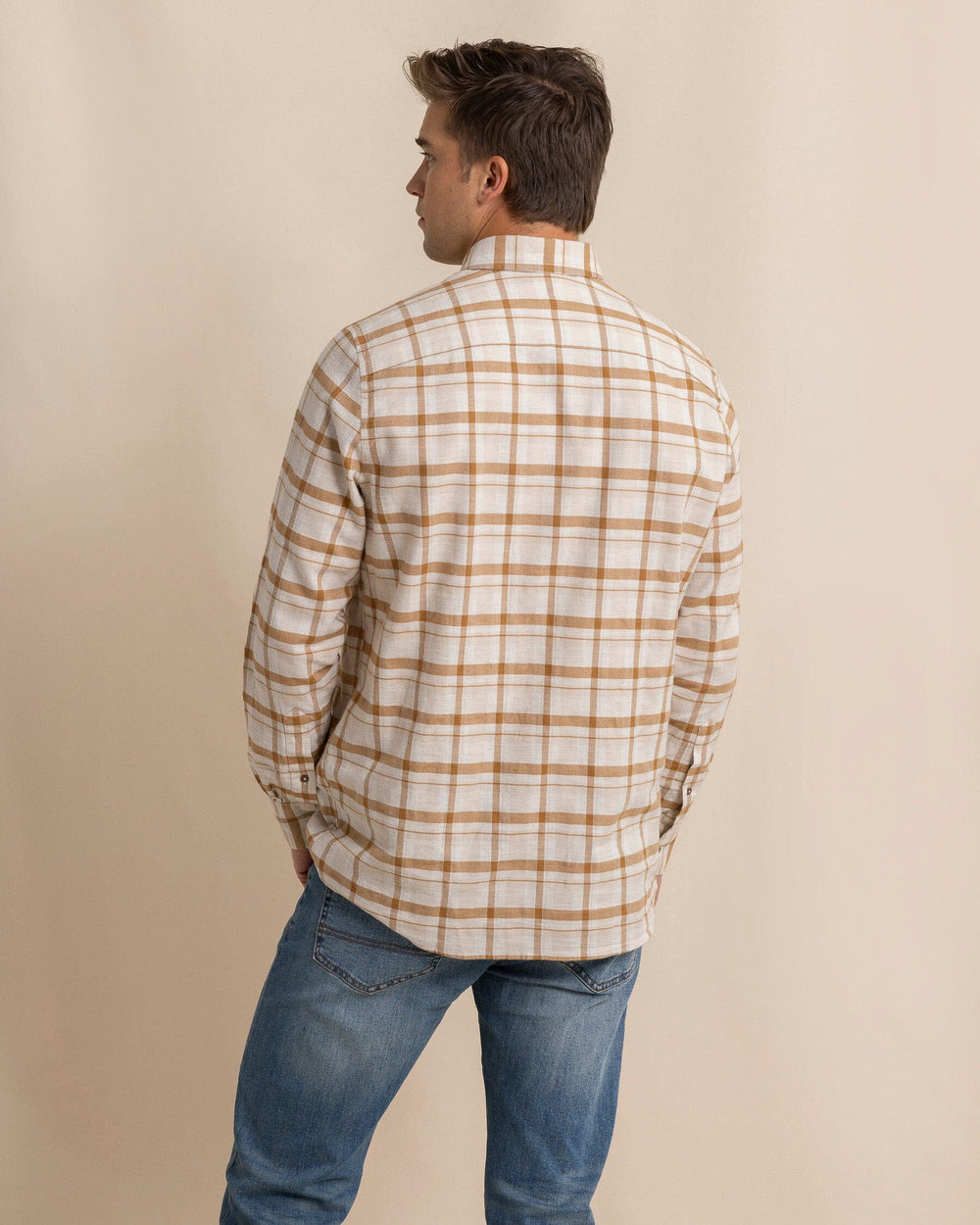 The back view of the Southern Tide Botany Bay Plaid Long Sleeve Sport Shirt by Southern Tide - Sand White