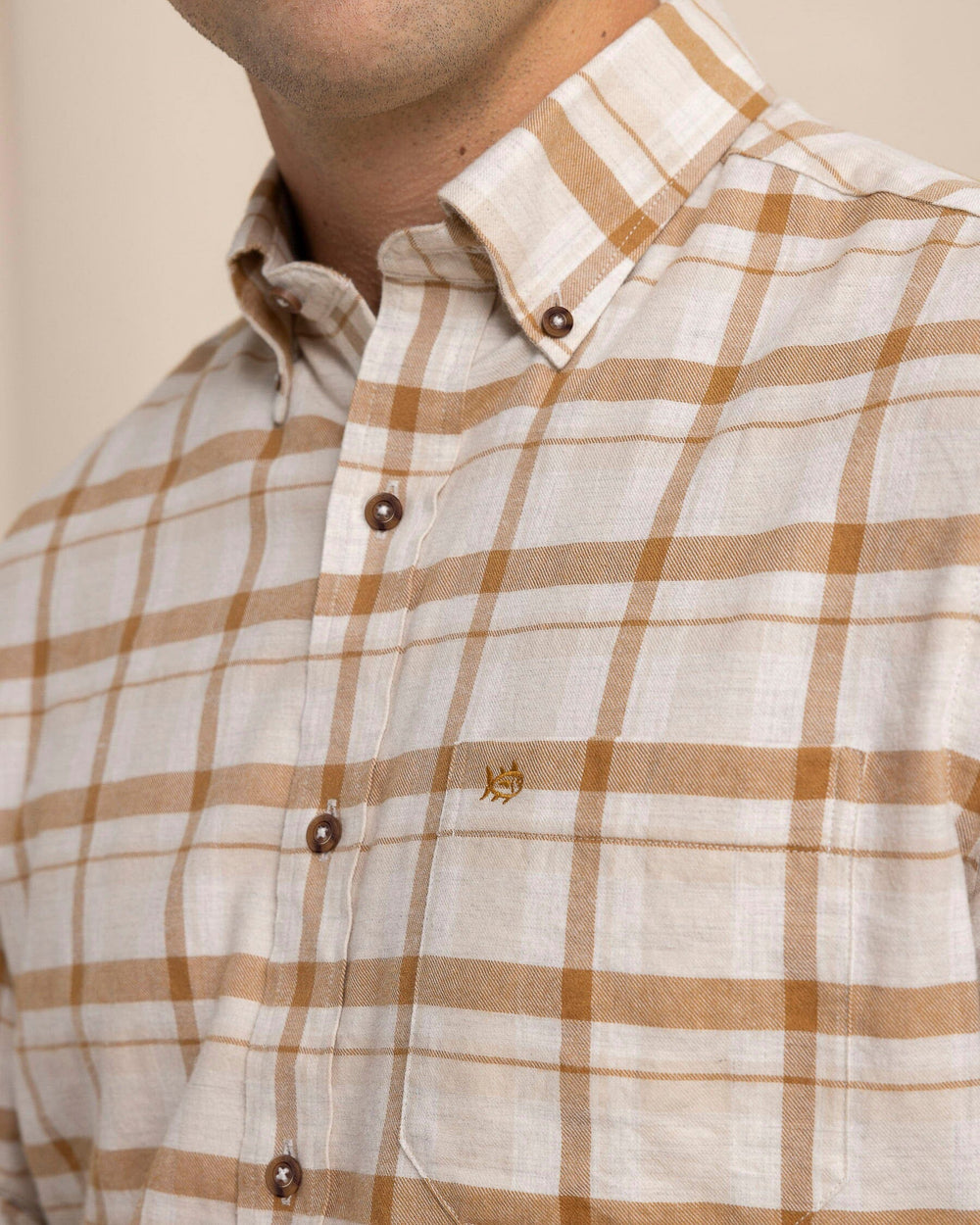 The detail view of the Southern Tide Botany Bay Plaid Long Sleeve Sport Shirt by Southern Tide - Sand White