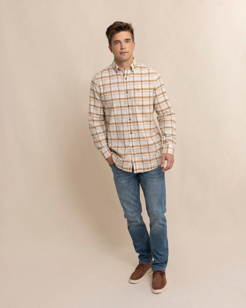 The front view of the Southern Tide Botany Bay Plaid Long Sleeve Sport Shirt by Southern Tide - Sand White