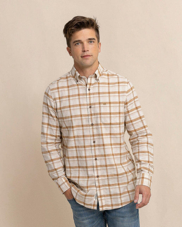 The front view of the Southern Tide Botany Bay Plaid Long Sleeve Sport Shirt by Southern Tide - Sand White