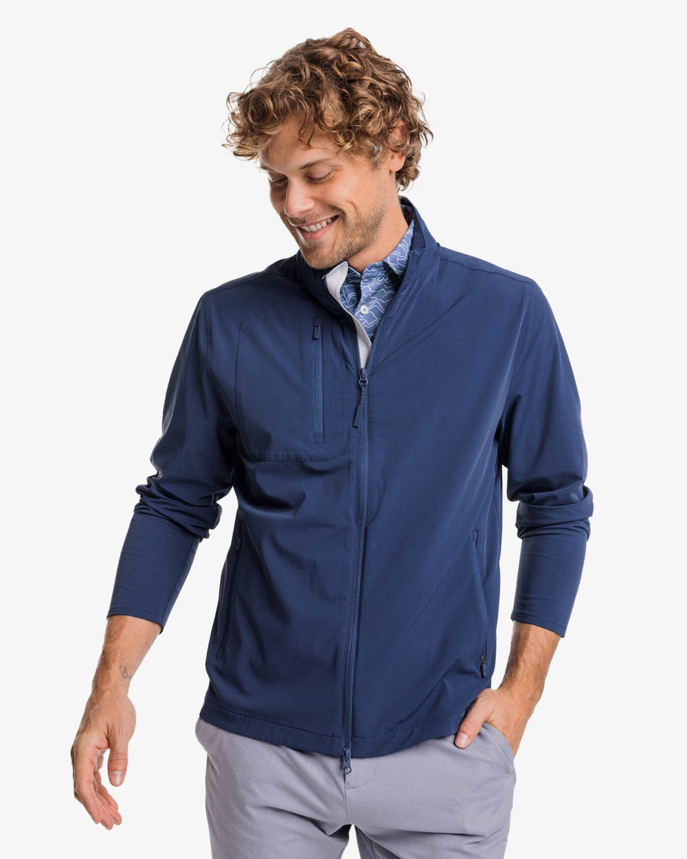 The front view of the Southern Tide Bowline Performance Jacket by Southern Tide - Dress Blue