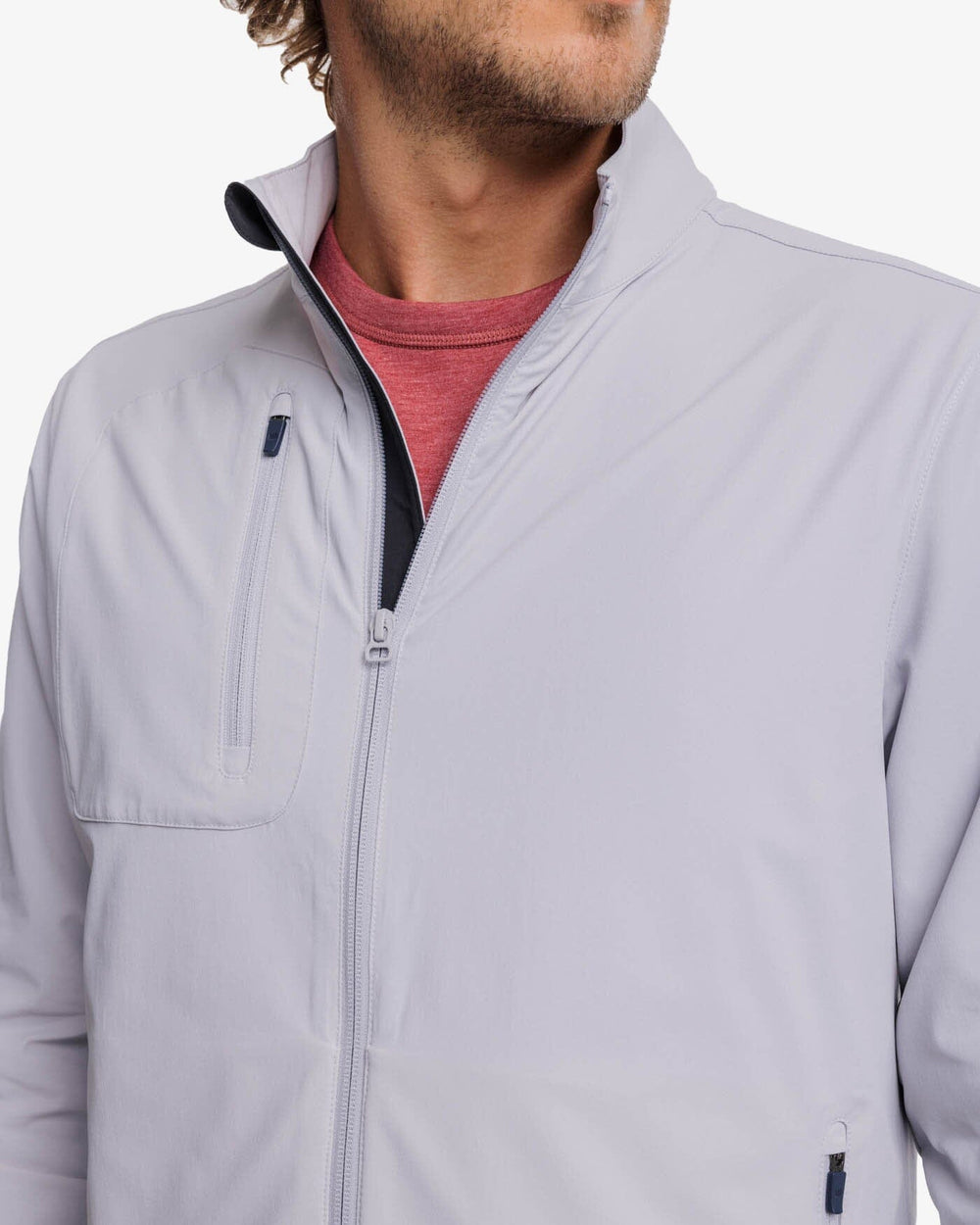 The detail view of the Southern Tide Bowline Performance Jacket by Southern Tide - Platinum Grey