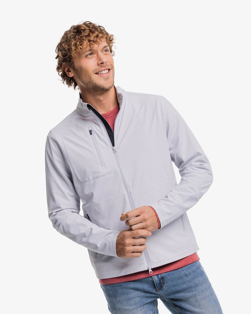 The front view of the Southern Tide Bowline Performance Jacket by Southern Tide - Platinum Grey
