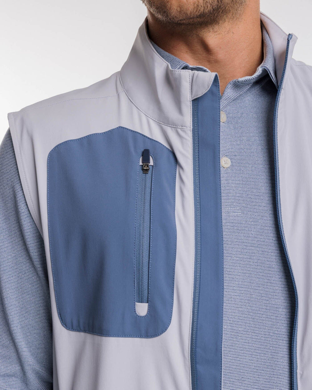 The detail view of the Southern Tide Bowline Performance Vest by Southern Tide - Platinum Grey