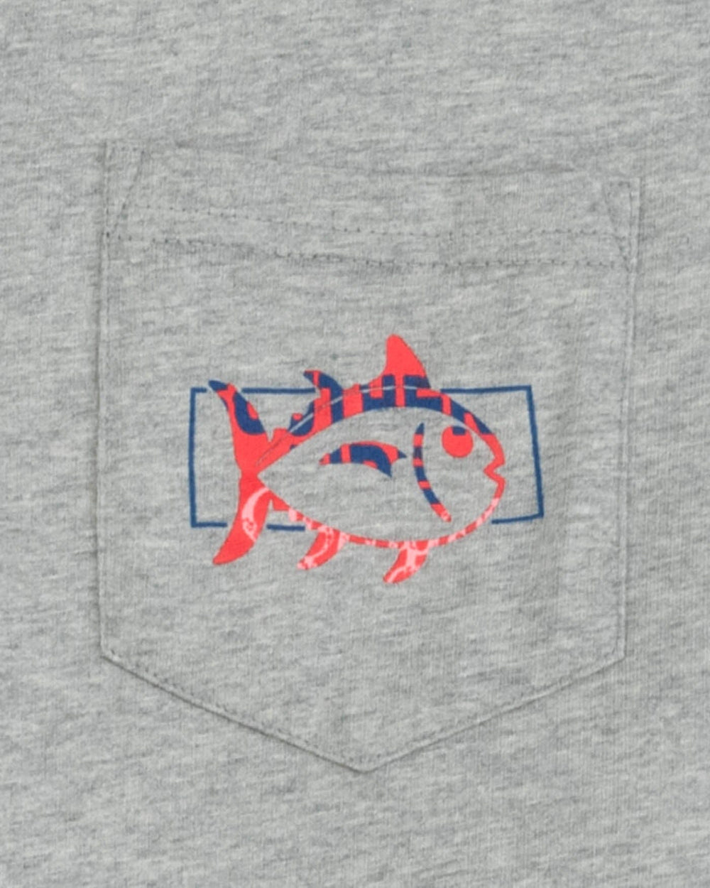The detail view of the Southern Tide Boxy Skipjack Heather Short Sleeve T-Shirt by Southern Tide - Heather Grey