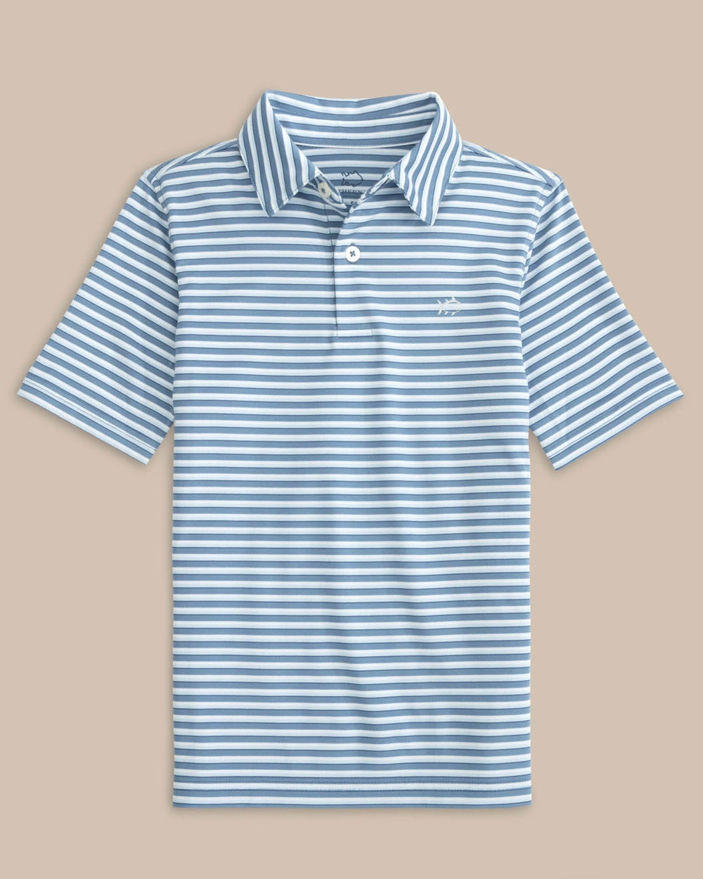 The front view of the Southern Tide Boys Driver Carova Stripe Polo Shirt by Southern Tide - Coronet Blue