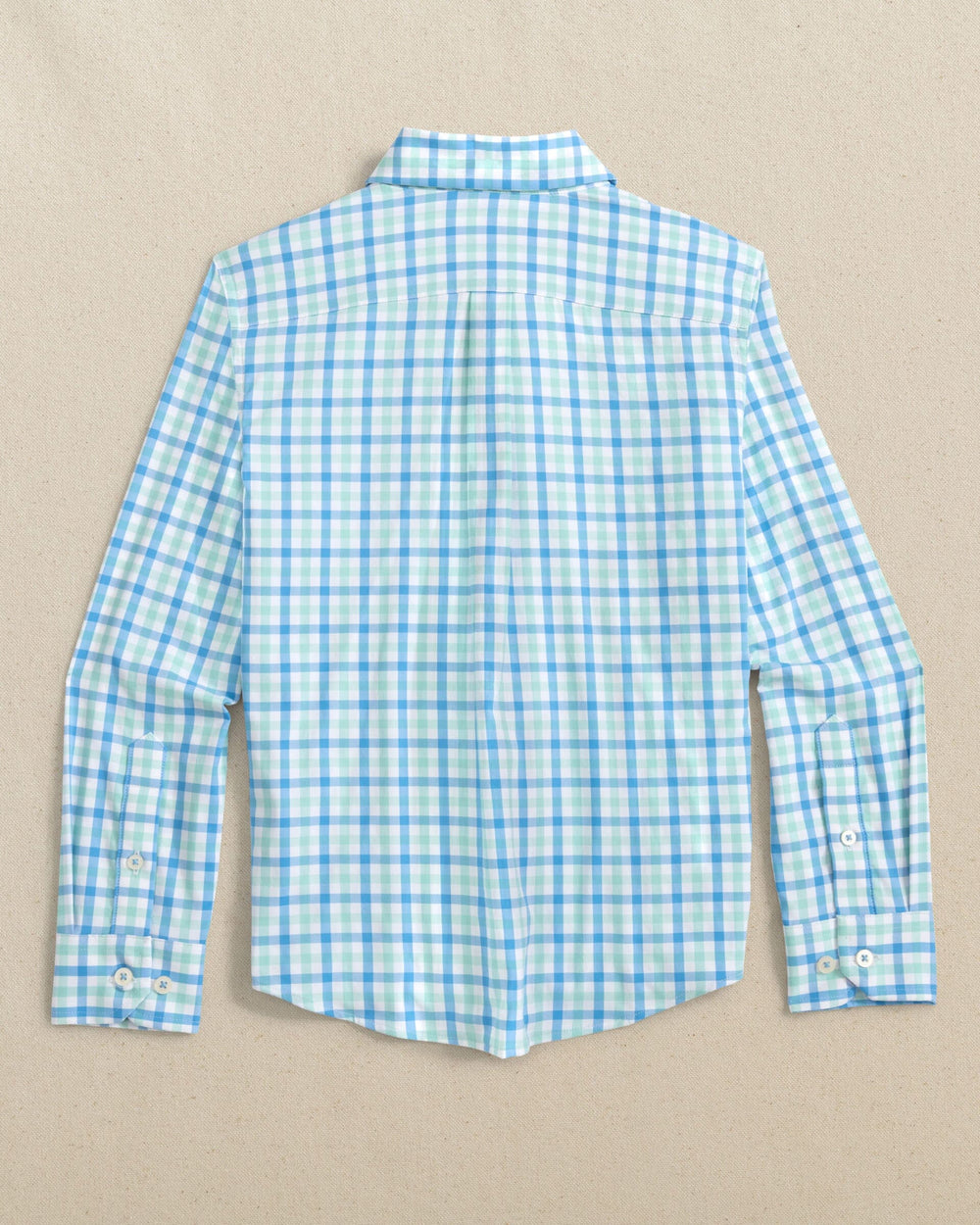The back view of the Southern Tide Boys Albemarle Plaid Intercoastal Sport Shirt by Southern Tide - Boat Blue
