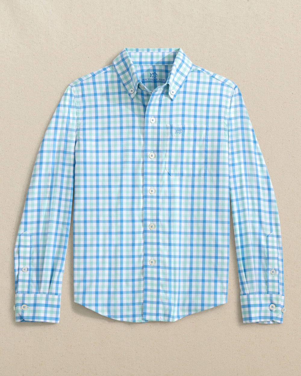 The front view of the Southern Tide Boys Albemarle Plaid Intercoastal Sport Shirt by Southern Tide - Boat Blue