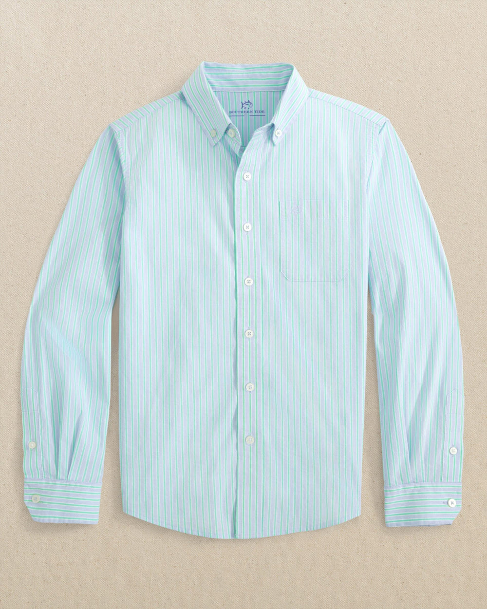 The front view of the Southern Tide Boys Amelia Island Stripe Charleston Sport Shirt by Southern Tide - Ocean Channel