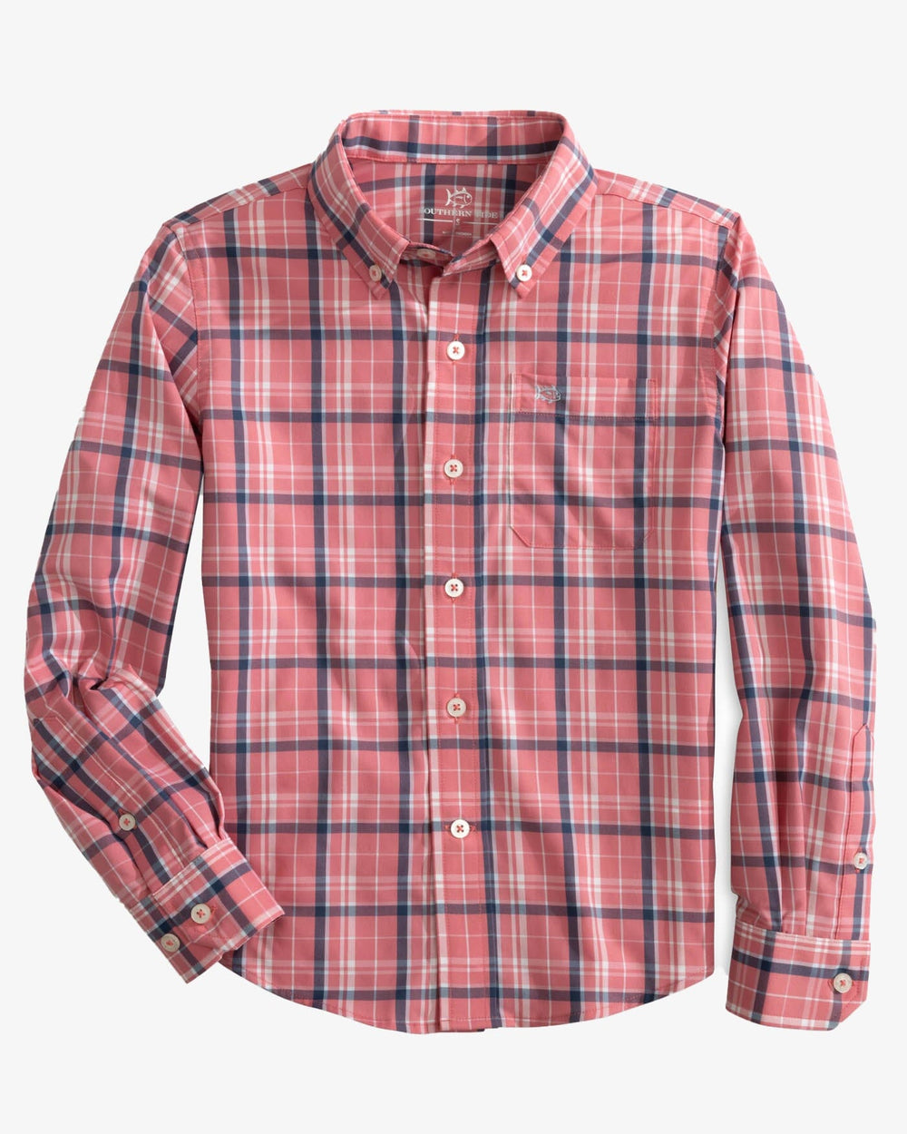 The front view of the Southern Tide Boys Asheland Plaid Intercoastal Long Sleeve Sportshirt by Southern Tide - Dusty Coral